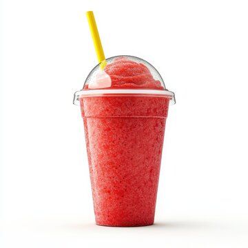Frozen strawberry slush drink with yellow straw in a clear plastic cup isolated on a white background