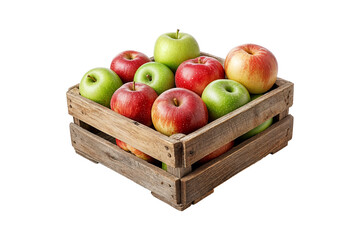 Fresh red and green apples in a wooden crate isolated on transparent background