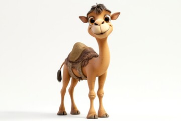 Obraz premium Cartoon Camel Standing with Friendly Smile Wearing Saddle Isolated on White