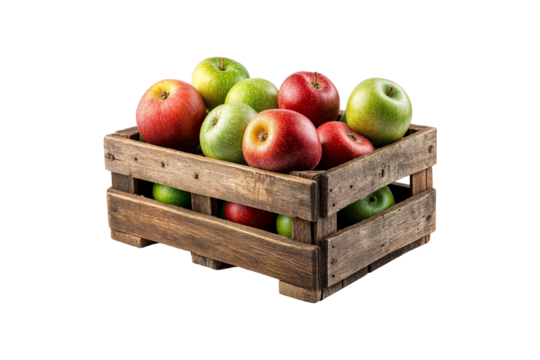 Fresh red and green apples in a wooden crate isolated on transparent background