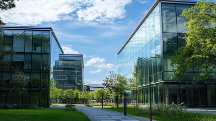 Reflections of modern architecture and nature blending harmoniously together