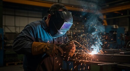 Industrial welder in action with sparks flying