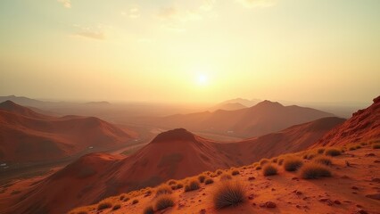 Naklejka premium Rolling desert hills with scattered shrubs at sunset under clear sky 