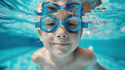 Naklejka premium child 6 years old on swimming lesson in a swimming cap and goggles swims kissing water in swimming pool