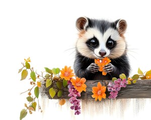 Obraz premium Mischievous Opossum with Tet Decoration