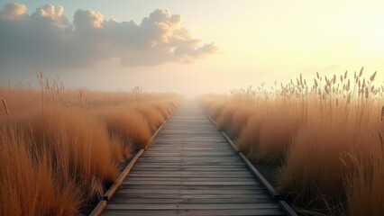 Fototapeta premium Wooden boardwalk through grassy dunes at sunrise with soft light and distant fog 