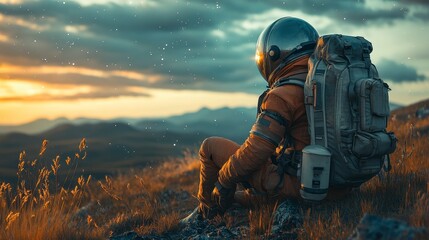 Astronaut rests on hilltop, watching mountains at dusk, wearing an orange spacesuit