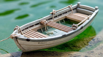 Obraz premium Miniature Boat in Shallow Water with Reflection