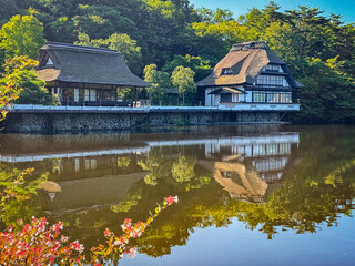 Hoshino Aomoriya lake and temple in Furumagiyama, Misawa, Aomori, Japan