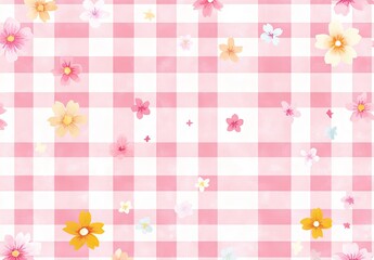 Delicate floral print on a pink gingham background