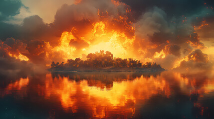Surreal fiery island landscape with apocalyptic atmosphere and dramatic burning sky reflected in water magical. Obliterated Sky. Illustration