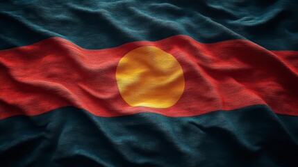 Wavy textile design red band with yellow circle on dark blue fabric texture