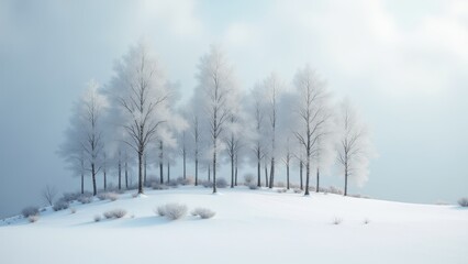 Fototapeta premium Snow-covered winter landscape with bare trees and soft sunlight in clear sky 