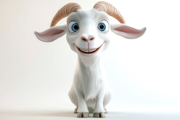 Smiling Cartoon Goat Illustration with White Fur and Curled Horns