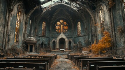 Fototapeta premium Ruined church Decay and nature blend in a once holy space, now reclaimed