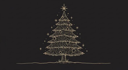 Festive Christmas Tree Illustration with Star and Ornaments on Black