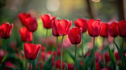 Obraz premium A close-up of vibrant red tulips in full bloom against a blurred garden background.