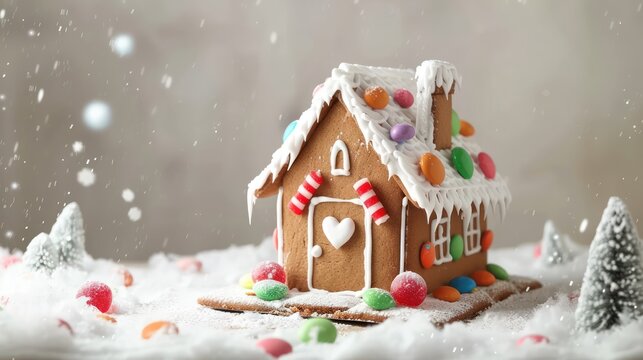 A gingerbread house decorated with icing and candy for the holidays.