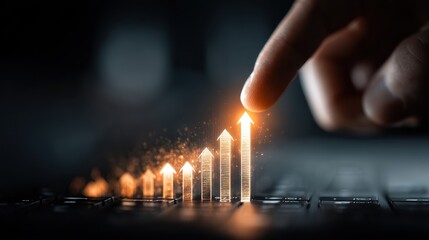 Finger Touching Rising Graph Arrows on Dark Background Keyboard