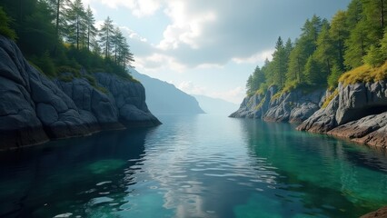 Narrow fjord with calm clear water between forested rocky cliffs under soft daylight	