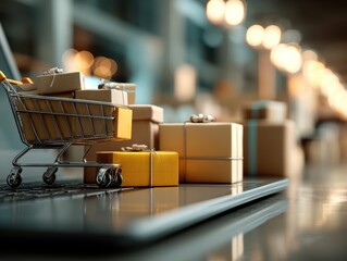 Shopping Cart on a Laptop Surrounded by Wrapped Gifts and Packages