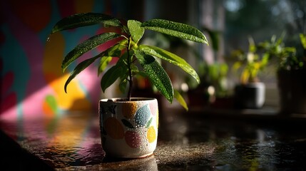 Vibrant Indoor Plant with Water Droplets in Colorful Pot in Light