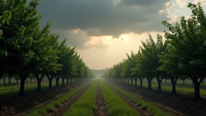 Tree-lined dirt road through orchard at sunrise with puddles and soft golden light	