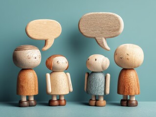 Wooden Figurines with Speech Bubbles Engaging in Conversation