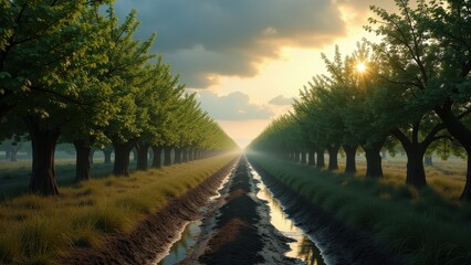 Naklejka premium Tree-lined dirt road through orchard at sunrise with puddles and soft golden light 