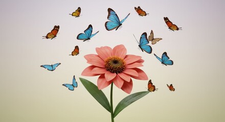 A Stunning Pink Flower with Vibrant Butterflies Surrounding It, Nature's Beauty in Full Bloom