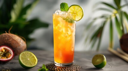 A hyperrealistic wide photo of the Explorer's Elixir, served in a tall glass, combining exotic guava juice, coconut water, passion fruit syrup, and fresh lime juice.