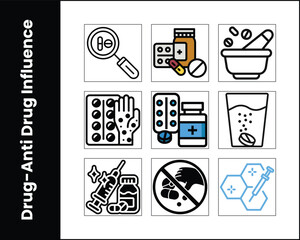 Anti Drug Influence Icon Set Medication Research And Prevention Vector Illustration