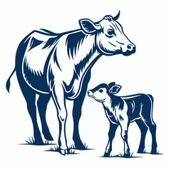 Create a bold, vector illustration of a standing calf, emphasizing strong outlines and a simplified, graphic style.  Next to the calf, include a small, related element (e.g., a bale of hay).