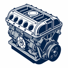 Create a bold, vector illustration of a detailed car engine block, emphasizing strong lines and metallic textures.