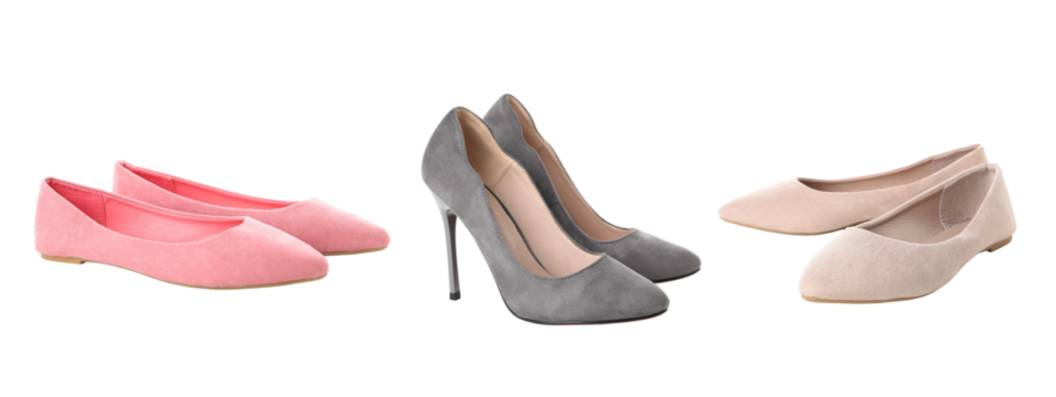 Four pairs of women's shoes in various styles and colors, isolated on white, PNG