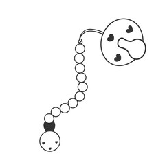 Cute pacifier with heart details and a beaded holder clip. Minimalist black and white baby item design for nursery, baby shower, or children-related themes.