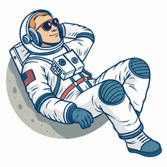 Create a bold, vector illustration of a relaxed astronaut in casual clothing, possibly holding a drink.  Focus on a thick, impactful outline.