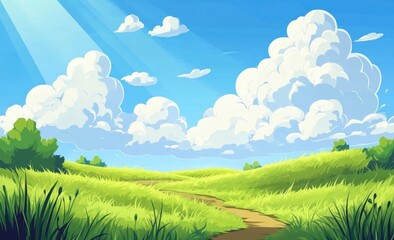 Obraz premium A Vibrant Field Under a Sunny Blue Sky with Fluffy Clouds