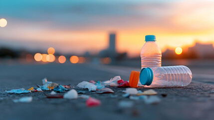Plastic Pollution on Urban Road at Sunset