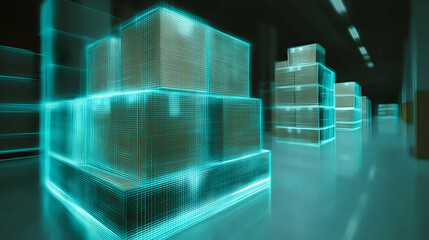 A futuristic warehouse scene featuring glowing, digital representations of stacked crates or containers.
