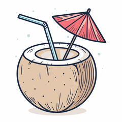 Create a bold vector illustration of a refreshing coconut drink, emphasizing the straw and creamy texture.  Include a single coconut.
