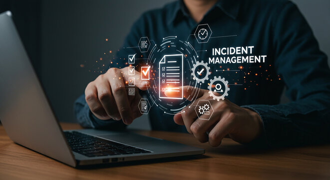 Businessman pointing to digital incident management interface on laptop screen, transparent background for IT incident response and business risk mitigation. - Powered by Adobe