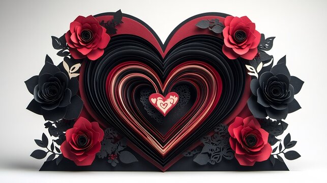 Romantic valentines day card with a three dimensional heart black and red color scheme and a beautiful paper design set on a white background for a celebration