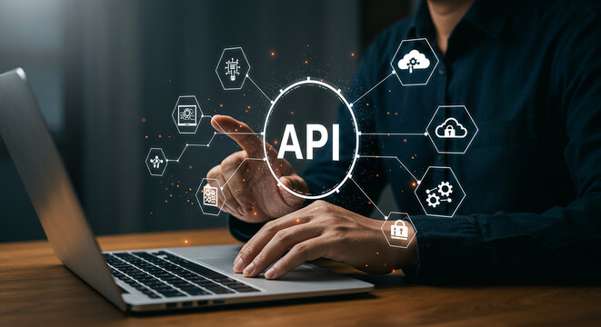 Person using laptop with api interface and icons representing cloud computing and data security shown png