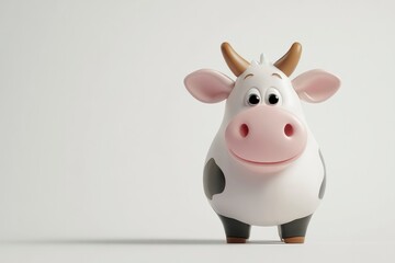 Standing Cartoon Cow Character with Spots and Horns on White Background