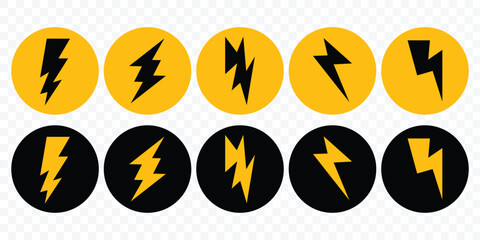 Lightning bolt icon set. Set of thunderbolt and lightning icons. Thunder icon. Electric power symbol. Power energy sign, vector illustration