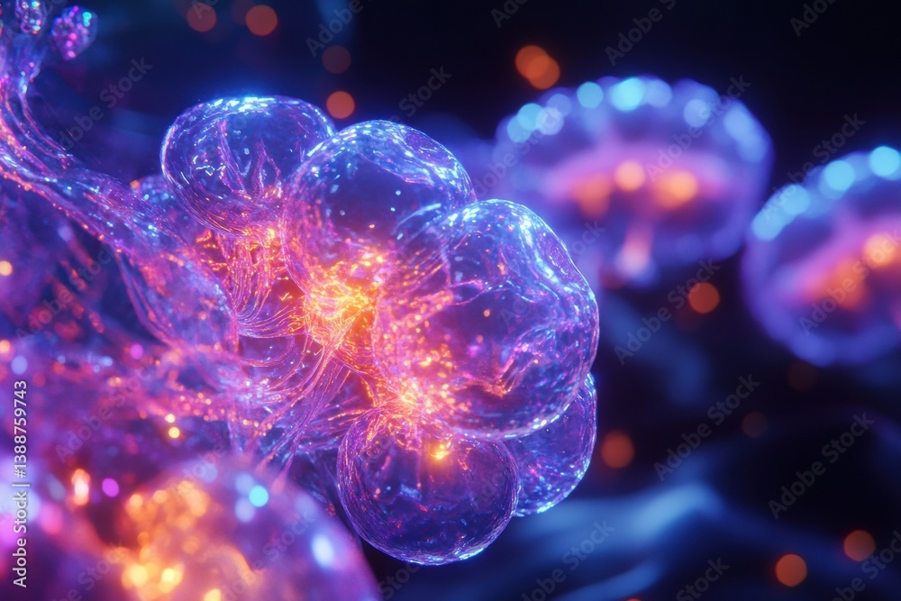 Aufkleber detailed view of adeno-associated virus capsid proteins floating in cellular fluid with glowing mole