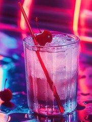 Vibrant vintage diner soda with cherry amid neon lights capturing a nostalgic 50s vibe in a retro setting