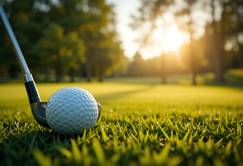 A Golf Ball Sits On Green Grass In Front Of A Golf Club, illuminated by the setting sun, recreational sport