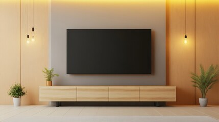 Fototapeta premium Modern Minimalist Living Room with Flat Screen TV and Wooden Accents